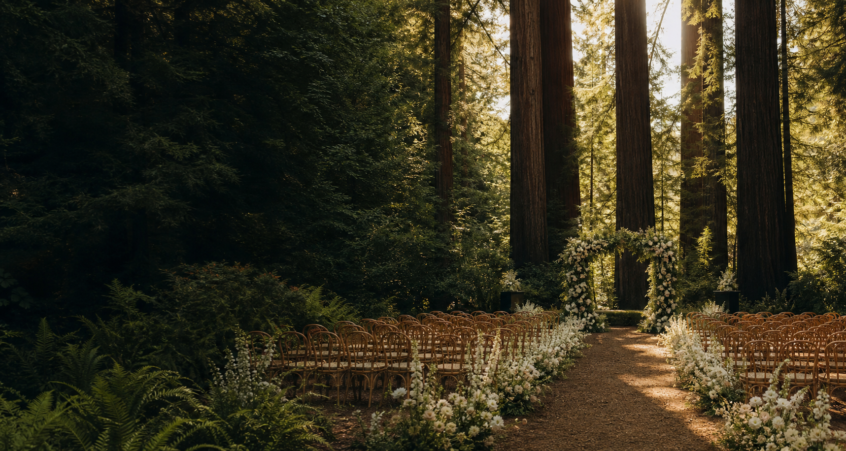 Cinematic redwood wedding ceremony concept for Deer Park Villa.
